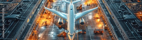 A wide-body airliner is parked in a hangar. The hangar is full of equipment and the lights are on. The airplane is being prepared for its next flight.
