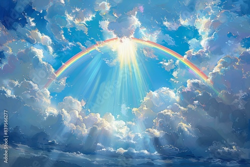 A beautiful rainbow arching across the sky, with rays of sunlight piercing through clouds against a blue background. 