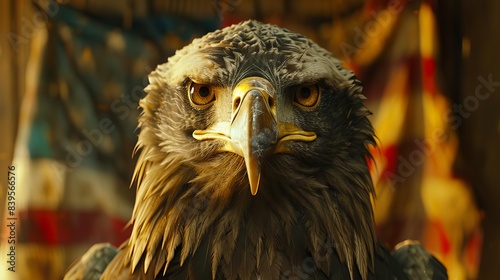 A closeup of a bald eagle statue with an American flag in the background