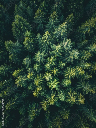 Top view of a coniferous forest. AI.