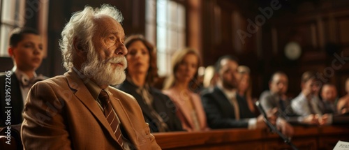 Elderly man in a suit sitting in a courtroom, looking towards the right with a serious expression. AI.