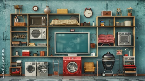 A collection of various household items and appliances arranged on shelves against a blue background. AI.