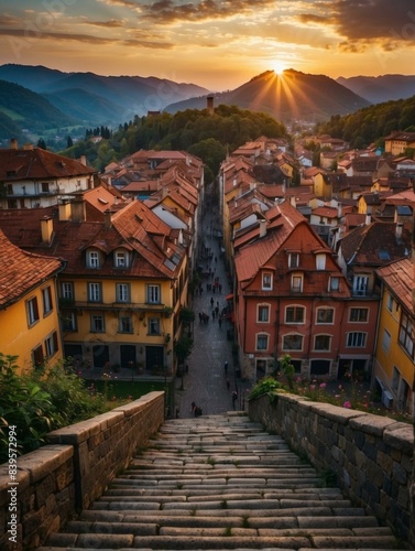 A flight of stone steps leads up to a narrow street in a charming town, with a beautiful sunset and mountains in the distance. AI.