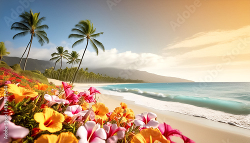 Meer, Strand, Palmen mit paradiesisch bunten Blüten 