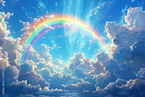 Depicting a beautiful rainbow arching across the sky, with rays of sunlight piercing through clouds against a blue background. 