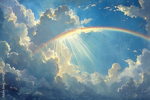 Featuring a beautiful rainbow arching across the sky, with rays of sunlight piercing through clouds against a blue background. 