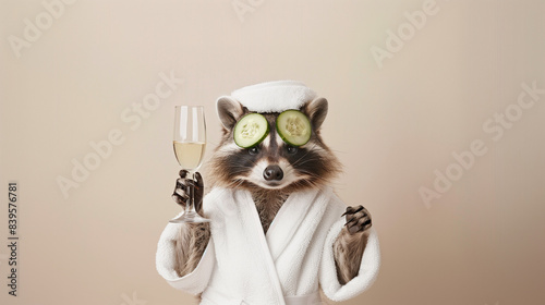 A raccoon dressed in a white terry robe is drinking champagne and relaxing at a spa. The concept of relaxation and self-care for women. Shot in a studio against a beige background.