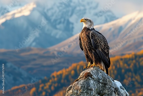 Digital image of eagle perched on a rock with mountains to the north
