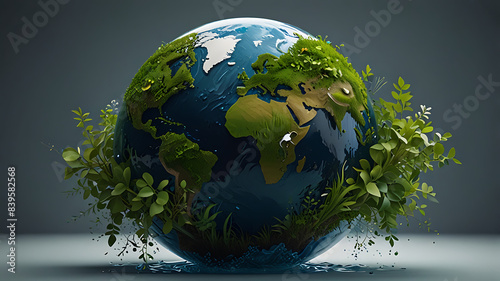 An Artistic abstract illustration image of a globe earth portrait made up of water plants and wind. World environment day concept, green plants around globe with copy space 