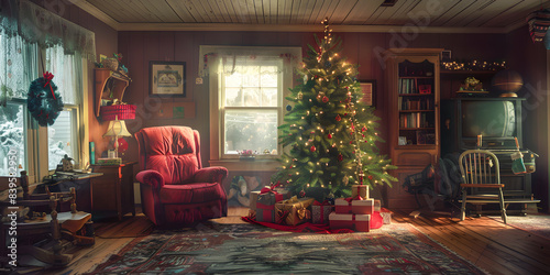 Imagen horizontal de una casa decorada con un árbol de navidad por festividades en diciembre lugar cálido y bonito 