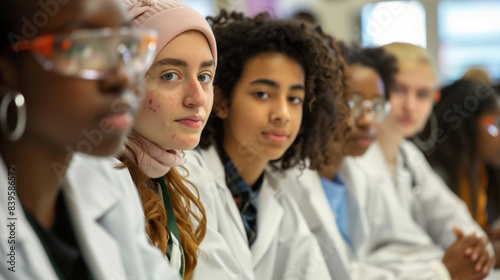 copy space, stockphoto, multiracial, high school students with labcoat in a analytic practice lab. Students different ethnic background in an chemistry lab. School theme mockup.