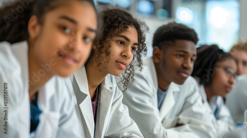 copy space, stockphoto, multiracial, high school students with labcoat in a analytic practice lab. Students different ethnic background in an chemistry lab. School theme mockup.