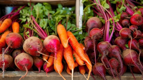Mixed root vegetables: carrots, beets, and radishes