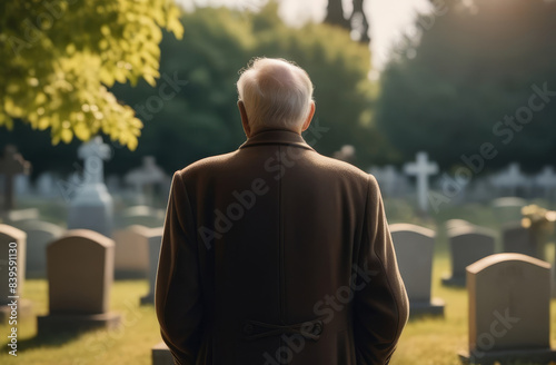 Elderly man visiting his wife's grave.
