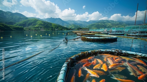 Amazing colorfulJin Li fish swim in the blue water of the lake.