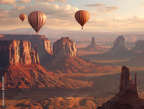 hot air balloon, of the sky flight in colorful summer sunset flying, adventure, travel in yellow and red balloons sport over yellow stone to lake in grand canyon