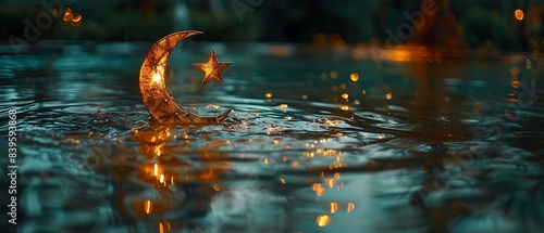 star crescent decoration reflected pool of water a peaceful EidalAdha night captured with a macro lens to enhance the reflection and create a tranquil scene using HDR techniques for depth and vibrancy