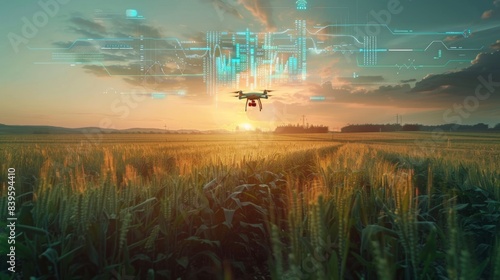A drone is flying over a field of corn