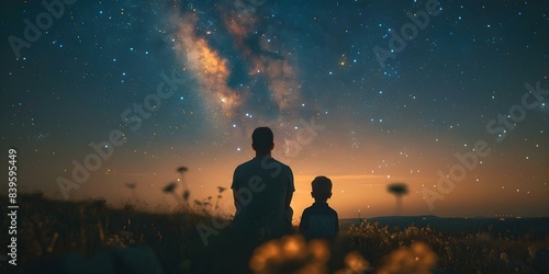 Father and son stargazing under night sky on Fathers Day. Concept Family Bonding, Stargazing, Night Sky, Fatherhood, Father's Day