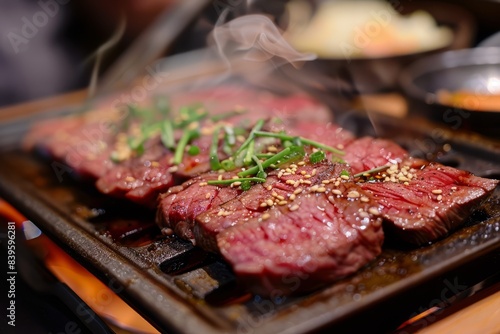 Grilling a beef steak in a grill , barbeque , BBQ , sizzling