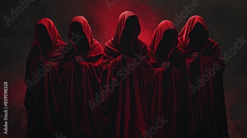 Generative Ai of Shadowy Figures Draped in Red Cloaks Concept for Secret Society Symbolism, Dark Authority Plots, and Mystic Group Meetings