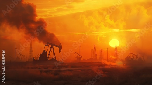 Oil industry. View of a deep-rod pump against the background of towers, at sunset. Copy space.