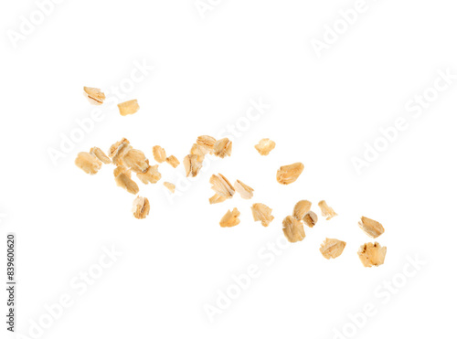 Dry Raw Oat Flakes Isolated on White Background. Rolled Flat Grains of Wheat, Bran, Barley, Rye Cereals
