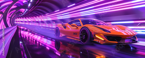 Sunset orange sports car racing in a tunnel with violet neon lighting, sleek aerodynamics captured in high definition.