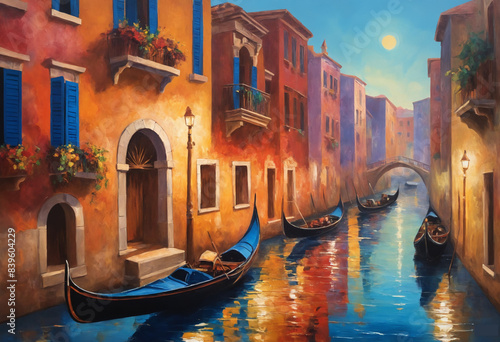 a oil painting art of a Venice city with Gondola boats