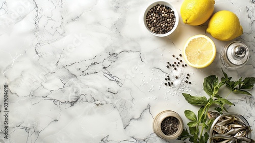 A bowl of fresh sardines on a marble kitchen counter with ingredients for making a simple lemon and salt preparation: olive oil in small white bowls, a spoon