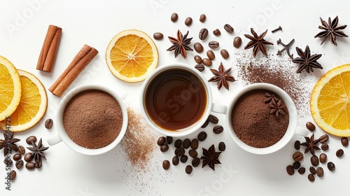Filiżanka gorąca kawa i inni składniki nad białym tłem