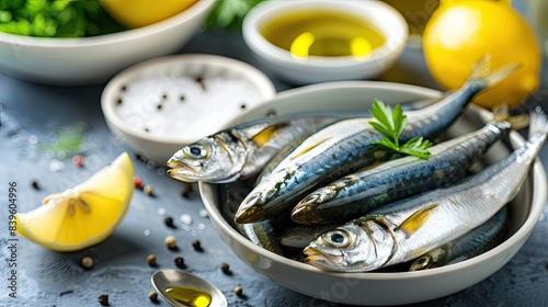 A bowl of fresh sardines on a marble kitchen counter with ingredients for making a simple lemon and salt preparation: olive oil in small white bowls, a spoon