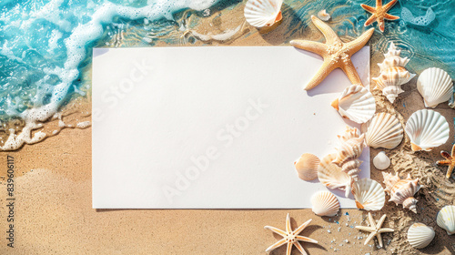 Blank card on sandy beach with seashells