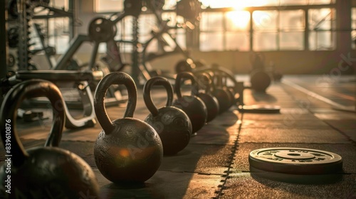 A row of kettlebells in a gym, with a few scattered weight plates and bars, ready for a challenging strength training workout.