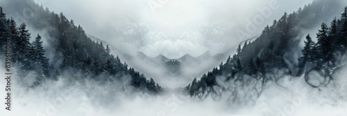 Fog Enveloping Mountains and Trees in a Dramatic Landscape