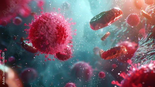 Close-up of red blood cells and pathogens in a blue fluid environment, highlighting medical science and microbiology concepts.
