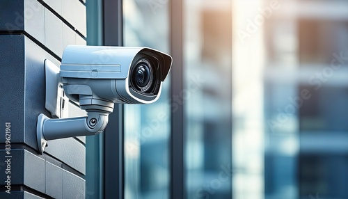 close-up of a security camera on the wall of a modern business bulding on the street, copy space