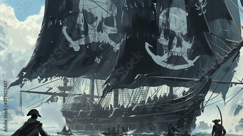 Pirate ship with large black sails decorated with a skull and crossbones motif. The crew standing on deck engage in the action with their swords drawn.