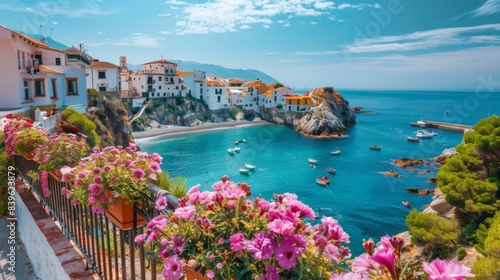 Beautiful coastal town in spain with colorful flowers and the stunning mediterranean sea view
