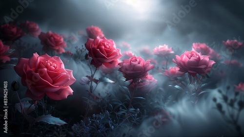 Mystical Red Roses in a Dreamy Misty Garden Under Moonlight