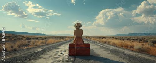 Woman Sitting on Suitcase on Open Road Under Blue Sky
