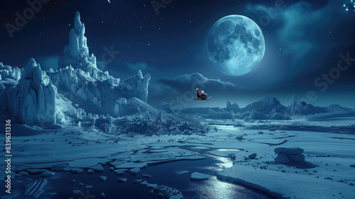 beautiful landscape of the north pole with full moon and santa claus flying on his sleigh on christmas night