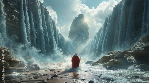 Moses parting the Red Sea, with towering walls of water on either side and a path emerging through the sea bed.