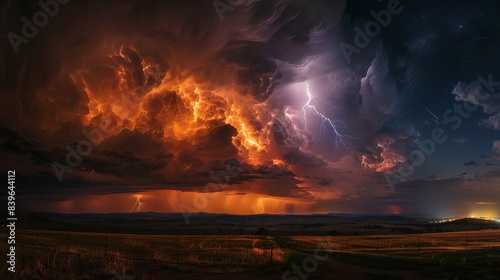 A lightning thunderstorm flash illuminating the night sky, depicting weather phenomena and cataclysms such as hurricanes, typhoons, tornadoes, and storms. 