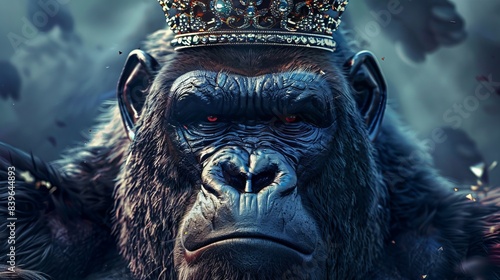 A depiction of King Kong, the gorilla, adorned with a crown, exuding a cool and regal presence.