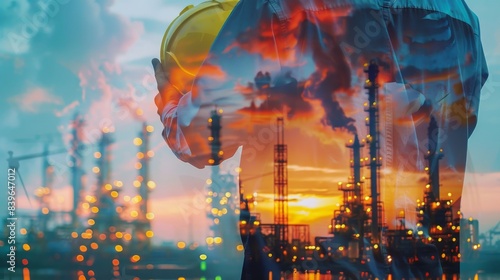 Double exposure Engineers holding safety helmet in arms and holding walk talky in hands with oil and gas refinery background on industry concept 
