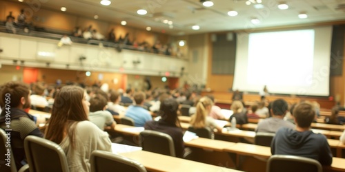 Blurred image of a busy lecture hall during a presentation