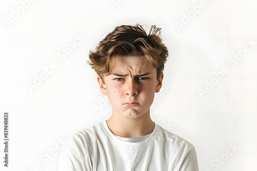 teenage boy looking angry and frustrated against white background. generative ai