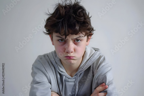 teenage boy looking angry and frustrated against white background. generative ai