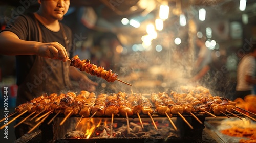 Person grilling skewered meat on a street food stall at night with bright lights in the background